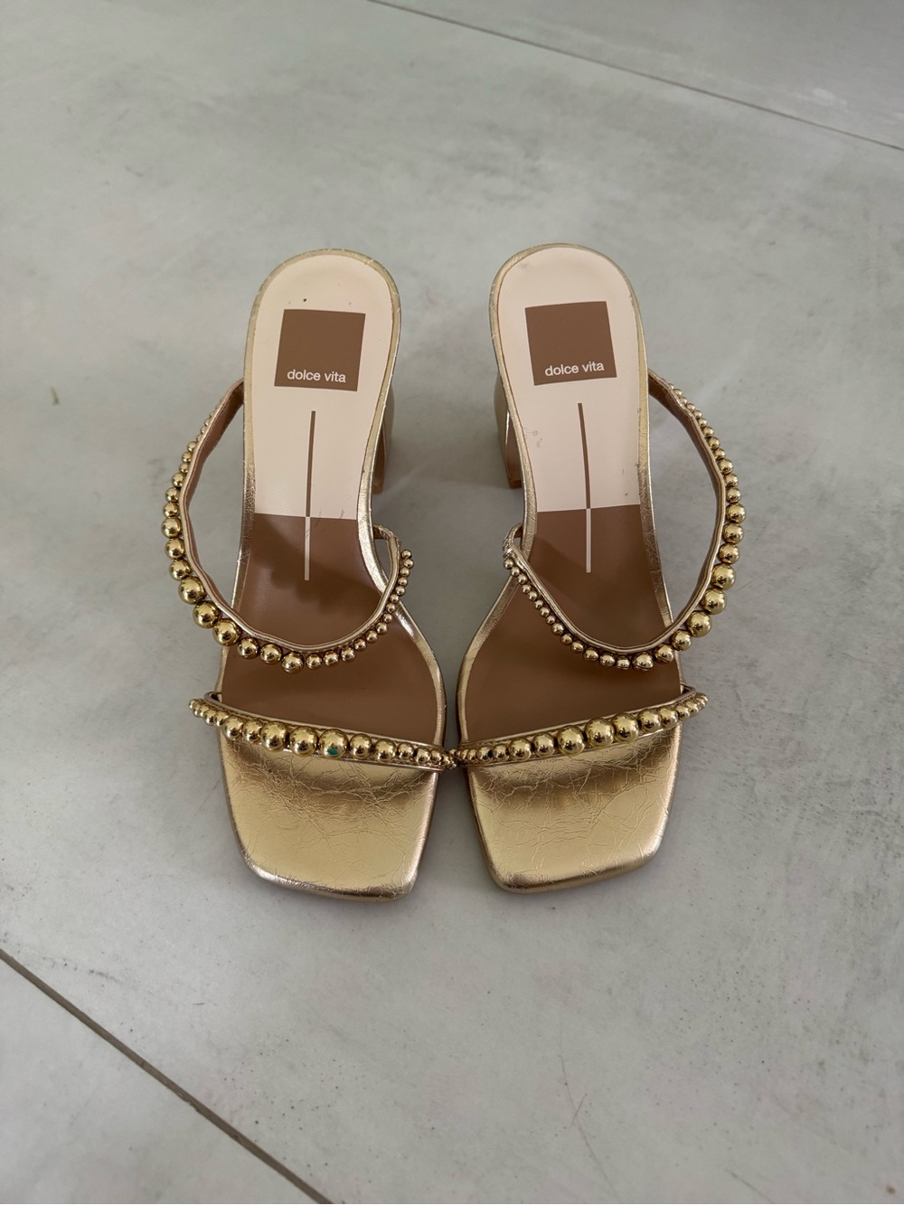 Dolce Vita Metallic Gold Beaded Strap Block Heel Sandals